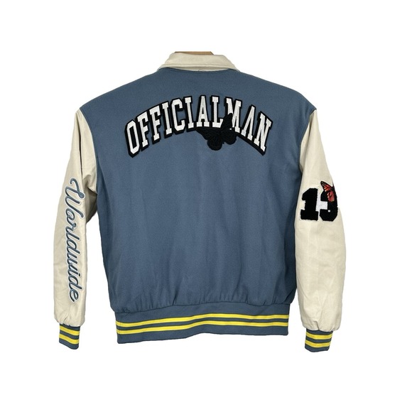 Boohoo Man Varsity Bomber Jacket Limited Edition Mens SZ-2X w/ Patches Blue NWOT - Picture 2 of 13